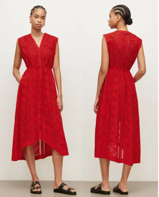 All Saint Tate Broderie Sleeveless Hi-Low Midi Shirt Dress Red Women's Size US 8