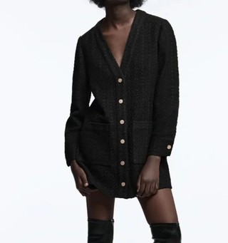 Zara Long Sleeve Tweed Texture Cardigan Sweater Mini Dress Black Women's Size XS