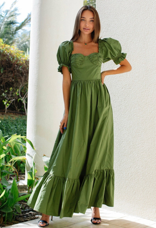 Anne Louise Boutique Puff Sleeve Bustier Tiered Maxi Dress Green Women's Size 4