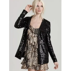 Rachel Zoe Embellished Sequin V-Neck Tailored Blazer Jacket Black Women's Medium