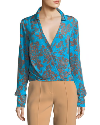 Diane von Furstenberg Floral Callow Collared Crossover Silk Blouse Blue/Orange 6
