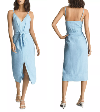 Reiss Kay Linen Sleeveless Plunging V-Neck Ruched Midi Dress Blue Women's US 4