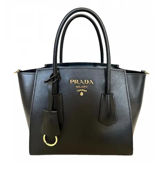 Prada Triangle Leather Medium Tote Shopper Handbag with Shoulder Strap Black