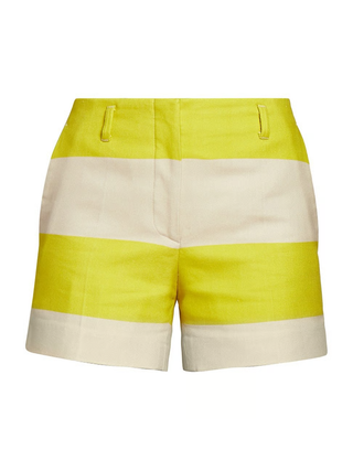 Dries Van Noten Cotton Colorblock Flat Front Trouser Shorts Tan/Lime Green 26/2