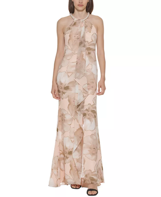 Calvin Klein Floral-Print Sleeveless Halter Maxi Dress Pink/Beige Women's Size M