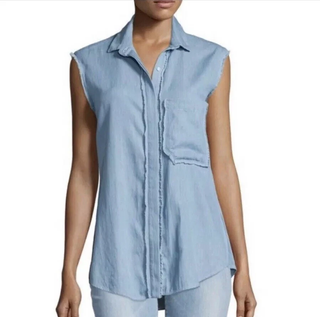 Nicholas Sleeveless Raw Hem Chest Pocket Chambray Button-Up Shirt Blue Womens 8