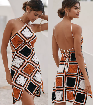 My Beachy Side Crochet Diamond Halter Neck Mini Dress Brown/White/Black Womens L