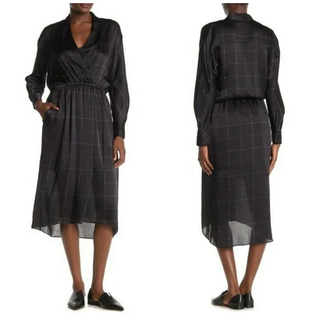 VINCE 100% Silk Grid Plaid Long Sleeve Faux Wrap Midi Dress Black Women's Size L
