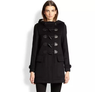 Burberry Brit Wool Blend Finsdale Hooded Duffle Coat with Hood Black Women's L
