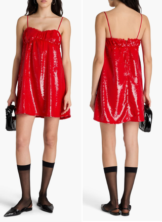 NWT Ganni Ruffle-Trimmed Sleeveless Sequined Crepe Mini Dress Red Womens Size 6