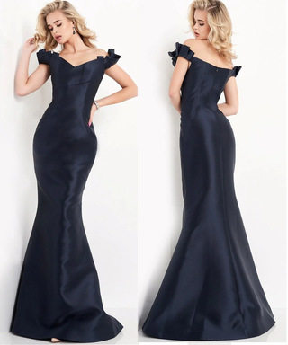 JVN by Jovani Off The Shoulder Tafetta Mermaid Long Dress Navy Blue Women's 14