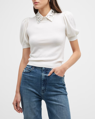 Alice & Olivia Ciara Embellished-Collar Puff-Sleeve Knit Sweater White Womens S