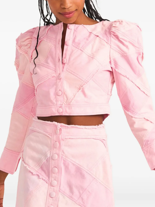 LoveShackFancy Eleora Cropped Puff Sleeve Jacket Pink Patchwork Women's Size 2