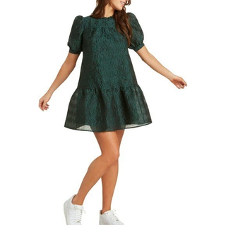NWT Moon River Textured Ruffle Neck Puff Sleeve Babydoll Minidress Emerald Small