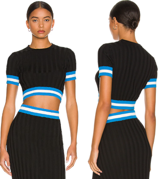 Solid and Striped Cara Short Sleeve Ribbed Knit Cropped Sweater Black Blue Large