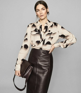 Reiss Lea Glacier Print Twin Pocket Button-Up Blouse Cream/Black Women Size 6