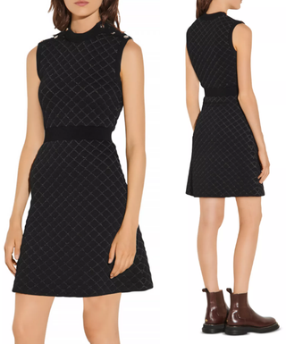 Sandro Many Quilted Lurex Knit A-Line Mini Dress w/ Gold Buttons Black Women's S