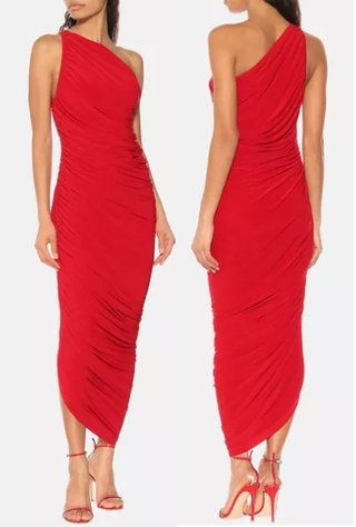 Norma Kamali One Shoulder Jersey Ruched Bodycon Midi Dress Red Women's Size XS