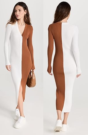 STAUD Shoko Colorblock Long Sleeve Knit Sweater Dress White Tan Women's Medium