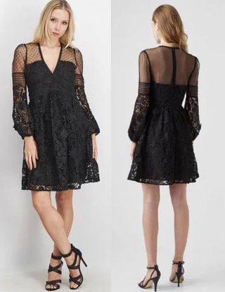 NWT French Connection Lace Puff Sleeve Fit & Flare Mini Dress Black Women Size 4