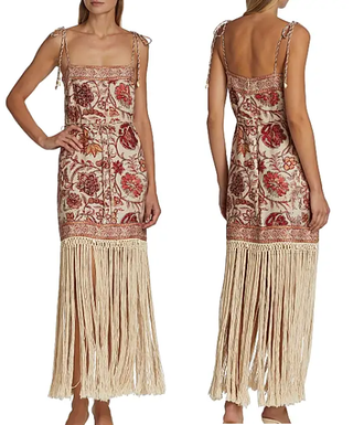 Zimmermann Vitali Fringed Floral Linen Maxi Dress Beige Red Womens Size 1 / S
