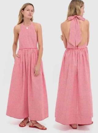 Tuckernuck Marcie Halter Neck Gingham Maxi Sundress Red White Women's Small