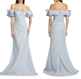 NWT Teri Jon by Rickie Freeman Jacquard Cascade Ruffle Mermaid Gown Light Blue 6