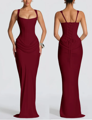 NWT Miss Rosier Paulette Ruched Lace-Up Back Corset Maxi Dress Red Womens Large