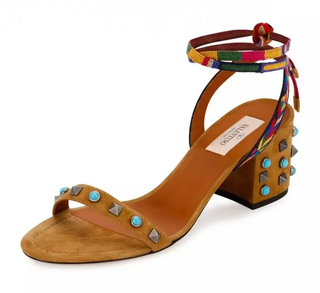 Valentino Garavani Rockstud Rolling Ankle-Tie Sandals Brown Suede Women's EU 38