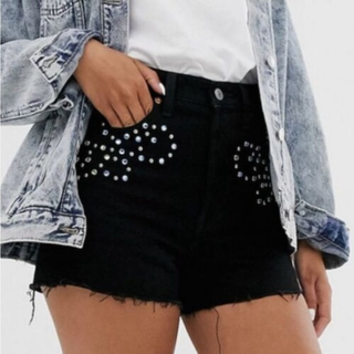 Levi's Ribcage Studded Rhinestone High Rise Cut Off Jean Shorts Black Women's 28