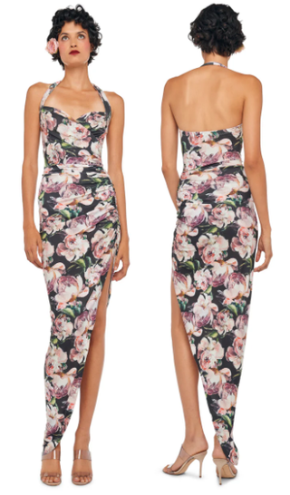 Norma Kamali Cayla Floral Halter Neck Side Drape Maxi Gown Peony Women's Small