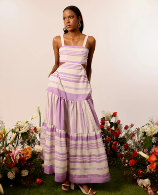 Liliana Meza Elsie Striped Cutout Maxi Sundress White Purple Women's Size Large