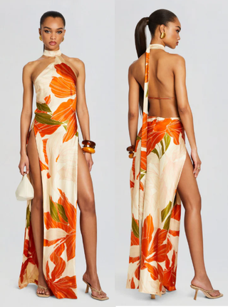 NWT Retrofête Jagger Botanical Silk Blend Open Back Maxi Dress Neutral Women's S