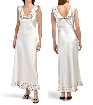 NWT Caroline Constas Arleen Embroidered Satin Maxi Dress with Ruffles Cream S