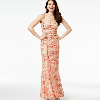 NWT Speechless Embroidered Floral Strapless Long Mermaid Dress Coral/Red 1 / S