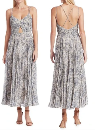 Amur Lucy Floral Sleeveless Crossback Pleated Maxi Dress White/Blue Women's 10