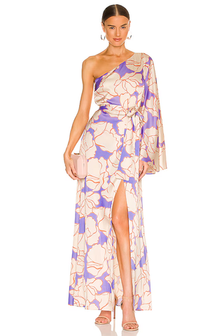 Alexis Leonette Satin Asymmetric One Shoulder Floral Maxi Dress Cream Purple L