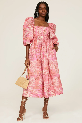 Ulla Johnson Leilani Cotton Puff Sleeve Square Neck A-Line Midi  Dress Pink 8