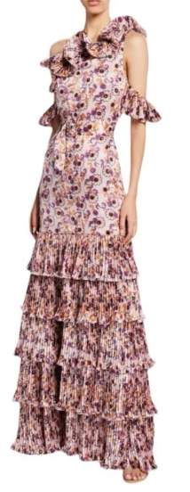 Alexis Amonda Floral Pleated Asymmetric One Shoulder Tiered Long Dress Pink S