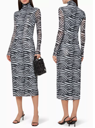 Staud Brae Zebra-Print Long Sleeve Turtleneck Bodycon Midi Dress White Black M