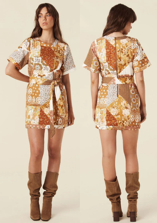 Spell Cha Cha Patchwork Quilted Belted Tunic Dress Brown Sugar Women's Size S