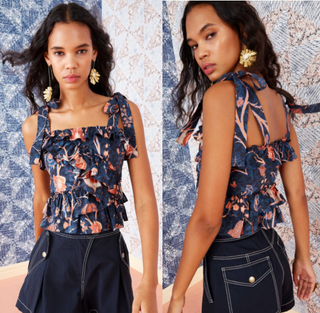 Ulla Johnson Cleo Floral Printed Ruffle Tie Tank Top Blue/Orange Womens Size 2