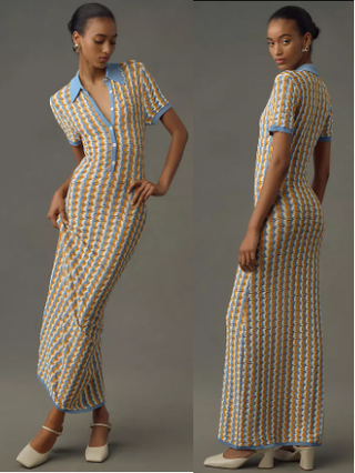 Ronny Kobo Quinlan Striped Knit Polo Maxi Dress Cornflower Multi Women's Medium