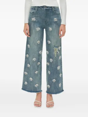 Simkhai Jude Embellished Beaded Floral Frayed Hem Denim Wide Leg Jeans Blue 25