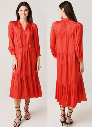 Zadig & Voltaire Roland Satin Puff Sleeve Tiered Midi Dress Red Women's Size S