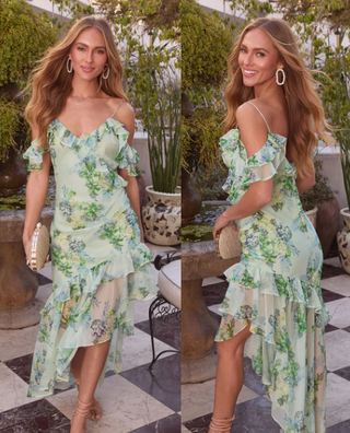 Vici Chelsea Floral Cold Shoulder V-Neck Ruffle Hi-Low Maxi Dress Green Womens S