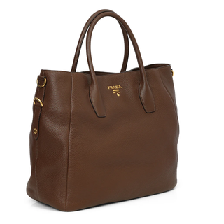 Prada Bruciato Vitello Daino Leather Large Shopper Tote Bag with Shoulder Strap