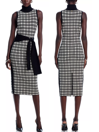 Toccin Peggy Windowpane Sleeveless Turtleneck Midi Sheath Dress Black/White S