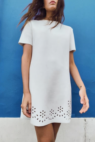 Zara Faux Suede Short Sleeve Eyelet Detail Shift Mini Dress White Women's Small