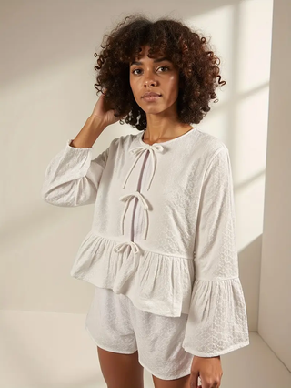 Zara Eyelet Peplum Blouse & Flat Front Shorts Set White Women's Top M / Bottom S
